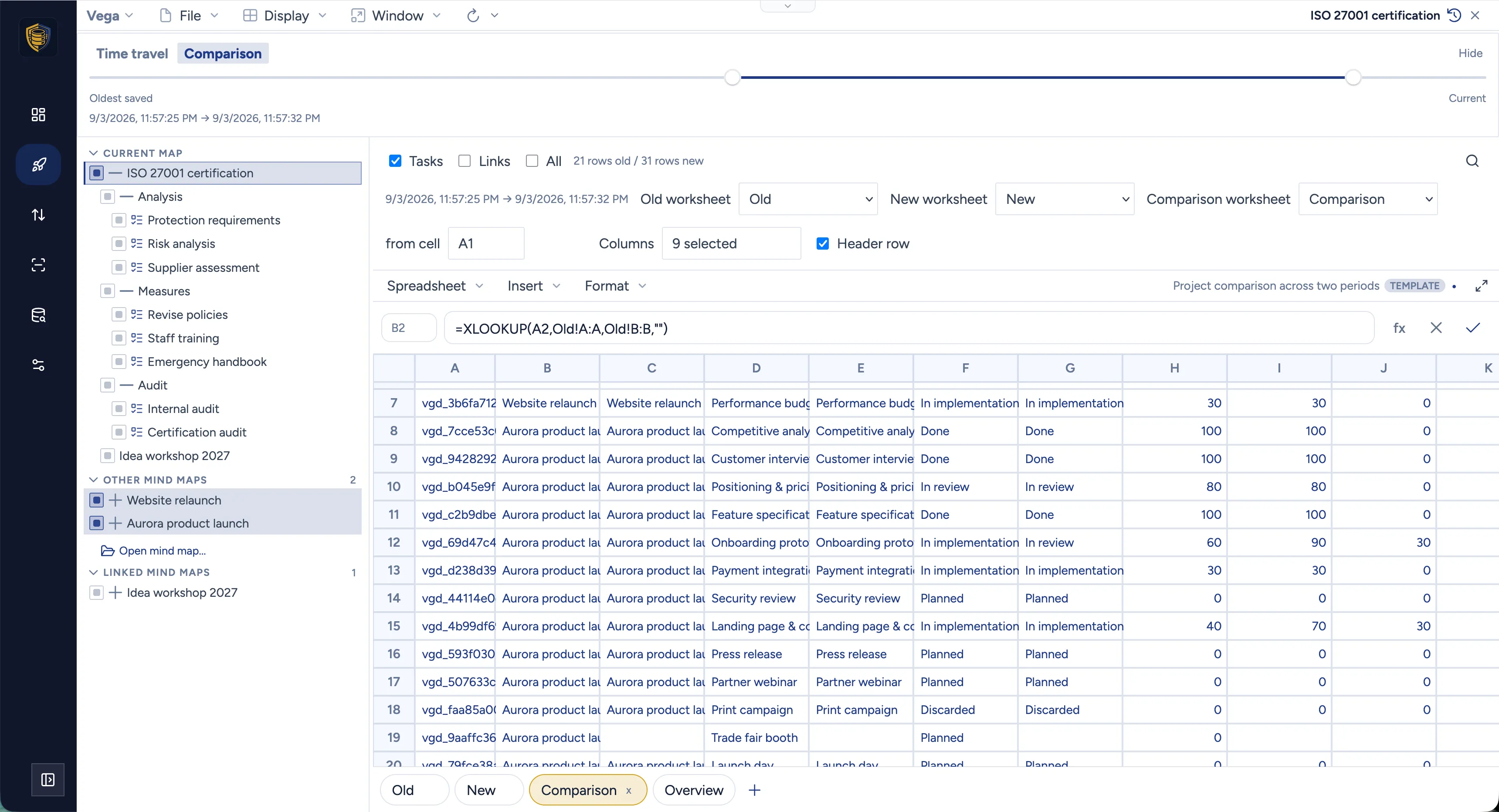 The comparison worksheet pairing both dates with XLOOKUP formulas and delta columns