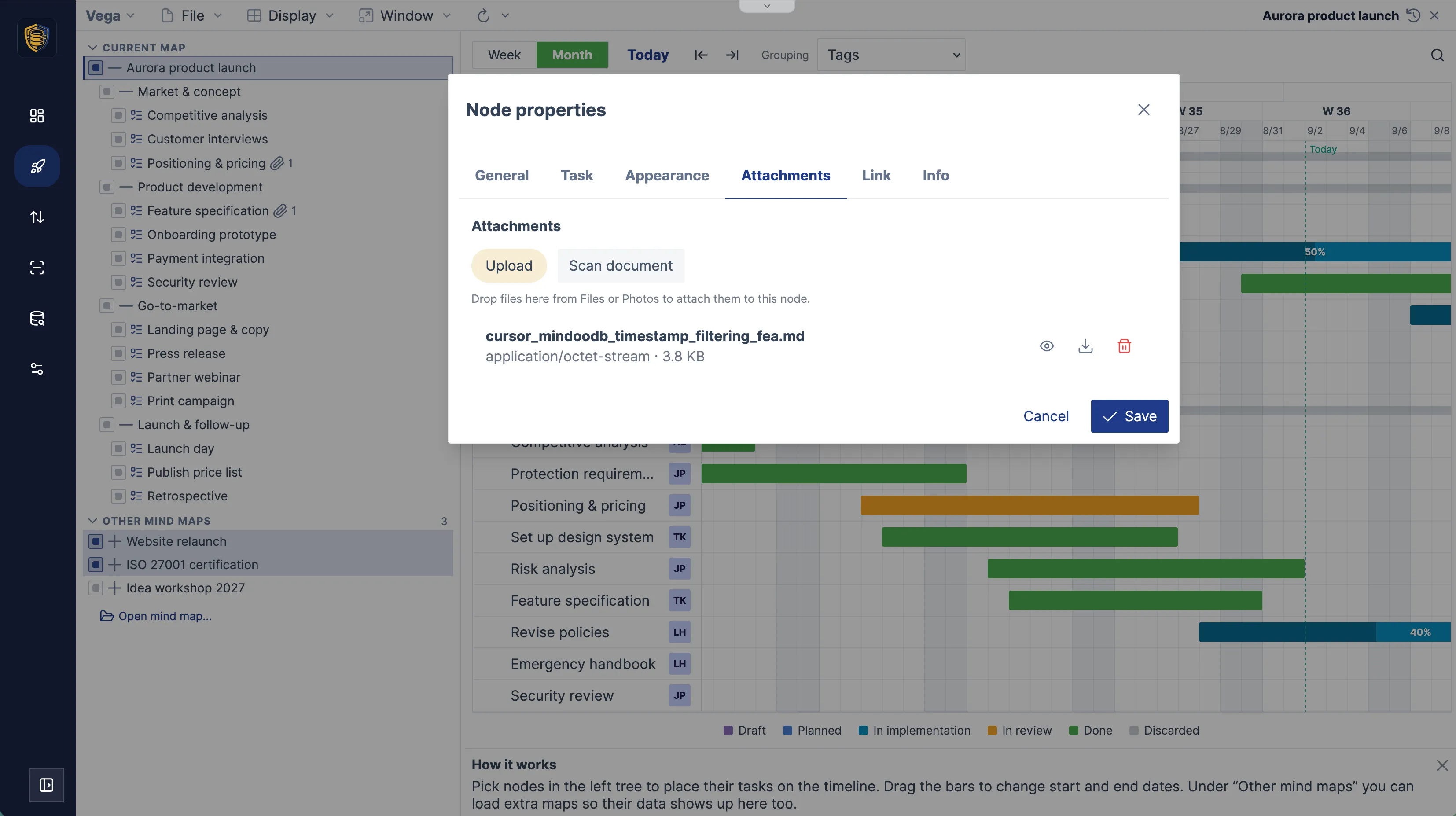 The node inspector, attachments tab with files on the node